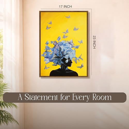 Image of Abstract Woman Portrait Framed Canvas Painting For Living Room | Butterfly Modern Floral Wall Art For Livingroom Wall Decor, Home Decor, Bedroom, Hallway's, Office, Hotel - 43x58 cm