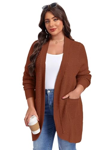 Image of LARACE Long Cardigans for Women Plus Size Tops Open Front Sweaters with Pockets Waffle Ribbed Sleeve Loose Fall Outwear