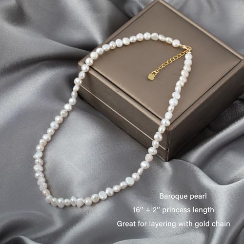 Natural Freshwater Baroque Pearl Necklace 14K Gold Plated Dainty Choker Necklace for Women Girls Snake Chain/Cuban Link/Paperclip/Ball Beaded Chain/Tennis Chain Fashion Jewelry for Gift4