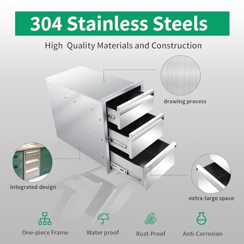 Image of Outdoor Kitchen Drawers 14 inch W x 21 inch H x 23 inch D Stainless Steel Triple Drawers with Hidden Handle for BBQ Island, Patio Grill Station & Outdoor Kitchen Cabinets