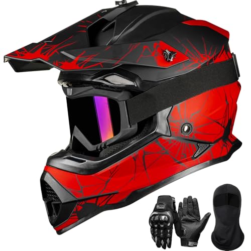 ILM Adult Dirt Bike Helmets Men Women Motocross ATV Off Road Helmet with Goggles Gloves Mask DOT Model WS901 (Black Red, L)