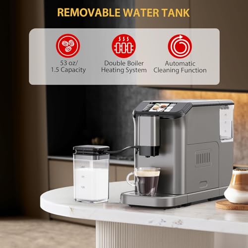 Image of Garvee Fully Automatic Espresso Machine with Built-In Grinder and Milk Frother, 4-Beverage Cappuccino and Latte Maker with Intuitive Touch Display, Gunmetal Finish