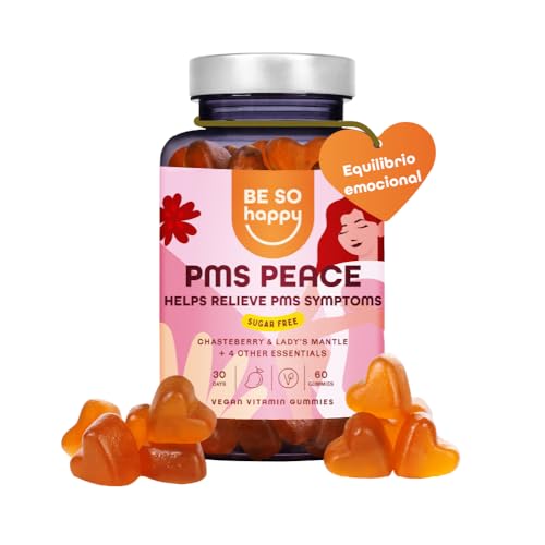 Gomas para a Síndrome Pré-Menstrual (SPM) sem Açúcar, Suplemento para o Equilíbrio Hormonal com Agnocasto + Açafrão + Vitaminas B12 e B6, 60 gomas, Sabor a Manga, Vegano, BeSoHappy®
