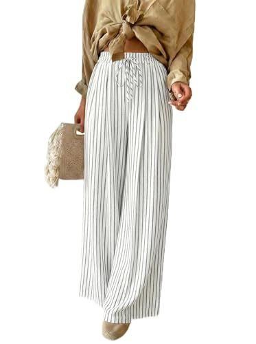 Image of Acelitt Women Casual Drawstring Elastic Waist Striped Wide Leg Pants with Pockets, S-XXL