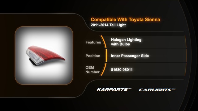 KARPAL Inner Right Passenger Side Tail Light – LED, Clear Lens, Silver Housing, 2011-2018 Toyota Sienna