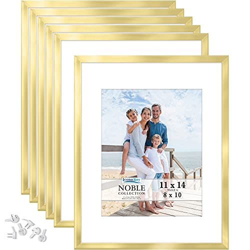 Image of Icona Bay 11x14 Picture Frames w/Removable Mat for 8x10 Photos (Gold, 6 Pack), Modern Professional Frame Set, Wall Mount Only, Noble Collection