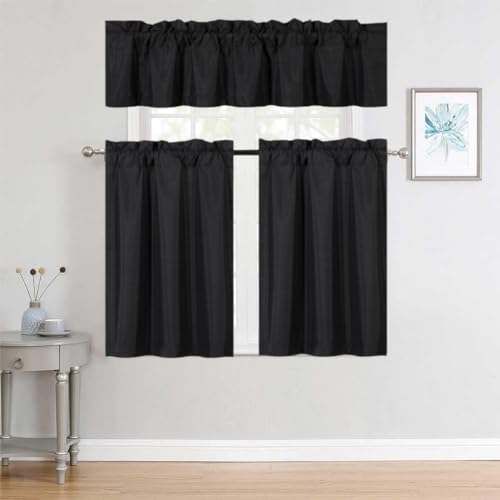 New Versatil 3pc Set Solid Rod Pocket Small Window Panel Dressing Foam Lined Blackout Curtain Treatment Drape (K3) (Black)