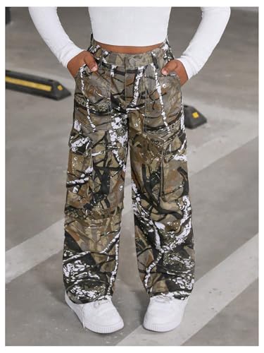 WDIRARA Girl's Camo Print Cargo Jeans High Waisted Wide Leg Denim Pants2