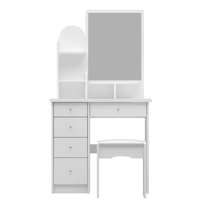 Image of Modern Vanity Dressing Table with Mirror, 4 Storage Drawers, White Finish