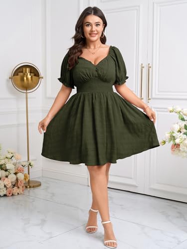 Image of SCOMCHIC Womens Plus Size Summer Dresses Casual Sun Dress Sweetheart V Neck Puff Short Sleeve Smocked A Line Mini Dress