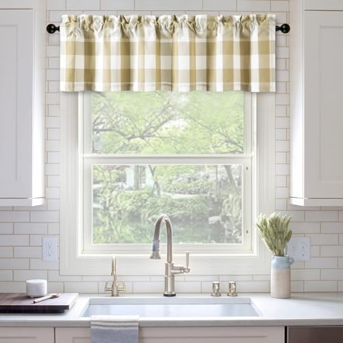 VOGOL Brown Buffalo Check Valance, Linen Textured Rod Pocket Window Topper for Bedroom Living Room, Easy Hanging Rod Pocket Design, 52 x 12 Inches, 1 Panel