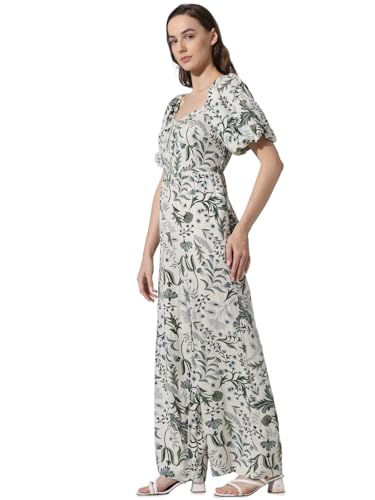 Image of ONLY Floral Printed Square Neck Puff Sleeves Cotton Basic Jumpsuit