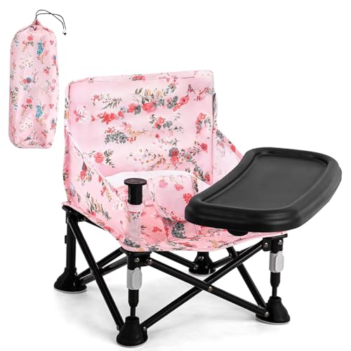 LADIDA Booster Seat for Toddlers with Removable Tray Portable Foldable Baby High Chair for Kitchen & Dining Chairs Suitable 6-36 Months Indoor & Outdoor (Pink Floral) 306