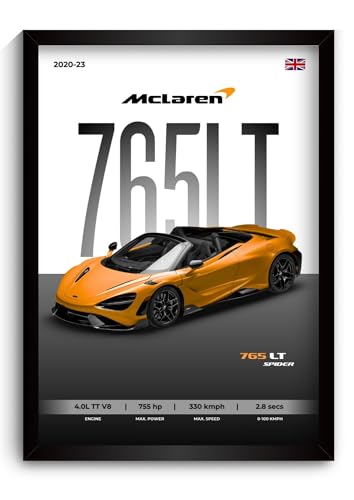 Image of McLaren 765LT Spider Poster | Framed A4 Sized (31 x 23 cm) | McLaren Car Posters for Wall, Gift for Boys | Supercar Frames | Poster Sportscar Frame | Car Posters for Wall, Bedroom, Hostel, Study Room, Desk (F 050)
