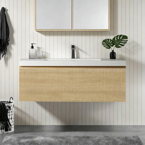 Image of 36'' Floating Bathroom Vanity with Sink, Wall-Mounted Bathroom Storage Cabinet with Soft-Close Striped Drawer & Solid Surface Basin, Modern Natural Oak Body with Internal Handle, Wood