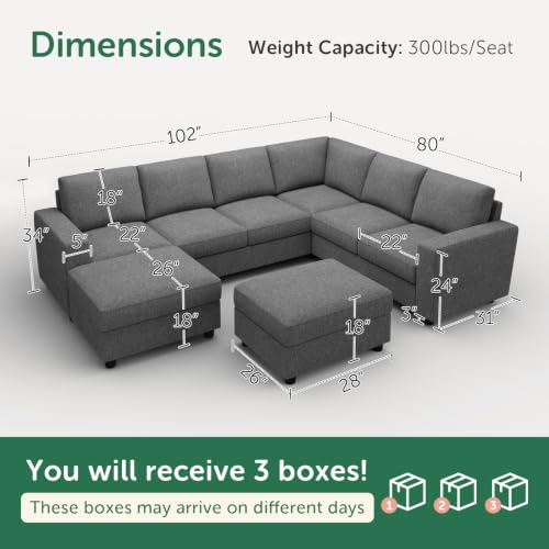 Image of HONBAY Sectional Couch with Storage, U Shaped Sectional Sofa, 8 Seater Sectional Couch for Living Room, Light Grey