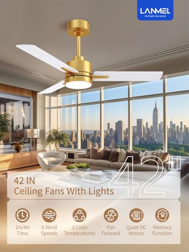 Image of LANMEL 42'' Ceiling Fan with Lights and Remote, Low Profile Modern Ceiling Fan Gold, 6 Speed, Reversible, 3000k-6000k LED, Quiet DC Motor for Indoor Outdoor Bedroom Living Room