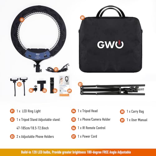Image of GWO 21 inch LED Ring Light with Tripod Stand 6000K Dimmable Makeup Selfie Light with Touch Panel Phone Holders for YouTube Vlog Video Shooting Include Carrying Bag and Remote Control CRI>90