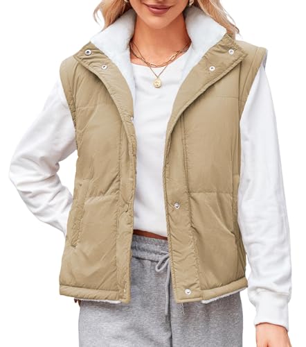 ZAFUL Womens 2024 Fall Cropped Puffer Vest Reversible Zip Up Quilted Vest Sleeveless Winter Fleece Jacket Outerwear