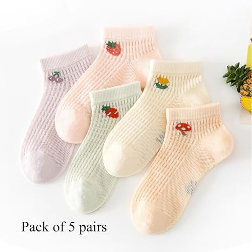 5 Pairs Girls' Fun Thin Summer Ankle Socks, Cute Strawberry Mesh Short Socks for Kids Toddlers2