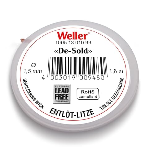 Weller T0051301099 Entlötlitze | 1 6m Spule | Breite 1 5mm | Flussmittelgetränktes Kupfergeflecht | Schnelles & Sauberes Entfernen von Lötzinn | Für Elektronik & Leiterplattenreparatur