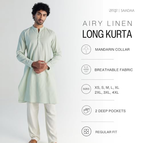 Image of SAADAA Men's Long Kurta - Linen Cotton Blend, Airy Fabric, Regular Fit, Mandarin Collar, Solid Color - Casual, Festive & Ethnic Wear