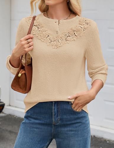 MEROKEETY Women's Sweaters 2025 Fall Trendy Lace Button Up Long Sleeve Casual Crewneck Winter Pullover Tops2