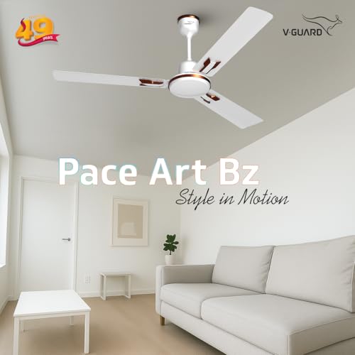 Image of V-Guard Pace Art Bz Ceiling Fan For Home | BEE 1 Star Rating | Decorative Trims | 370 RPM | 2-Year Coverage | 1200 mm (Pebble White)