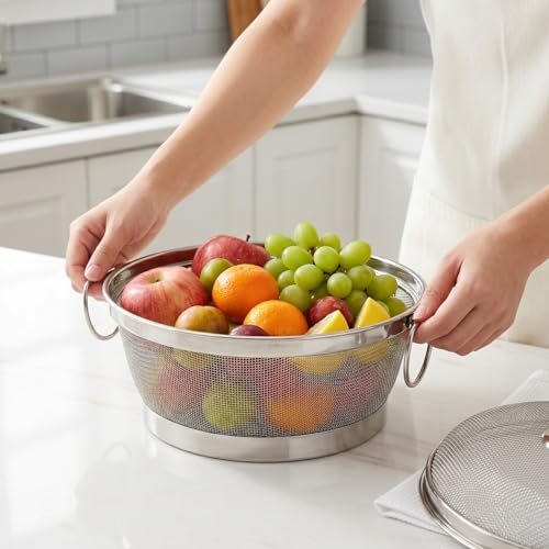 Image of Nestasia Stainless Steel Mesh Fruit Basket with Lid (10 Inches) - Protective Mesh Cover Colander & Storage Basket for Dining Table | Rust Resistant Fruit & Vegetable Strainer Bowl with Knob & Handles
