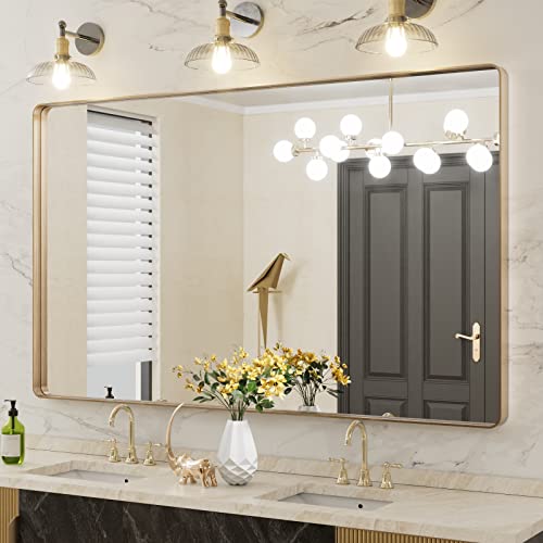 LOAAO 60”X36” Gold Bathroom Mirror, Rounded Rectangle Gold Frame Mirror, Brushed Gold Bathroom Vanity Mirror Wall-Mounted, Anti-Rust, Tempered Glass, Hangs Horizontally or Vertically