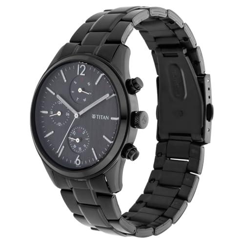 Image of Titan Workwear Quartz Multifunction Black Dial Black Metal Strap Watch For Men - NT1805NM02
