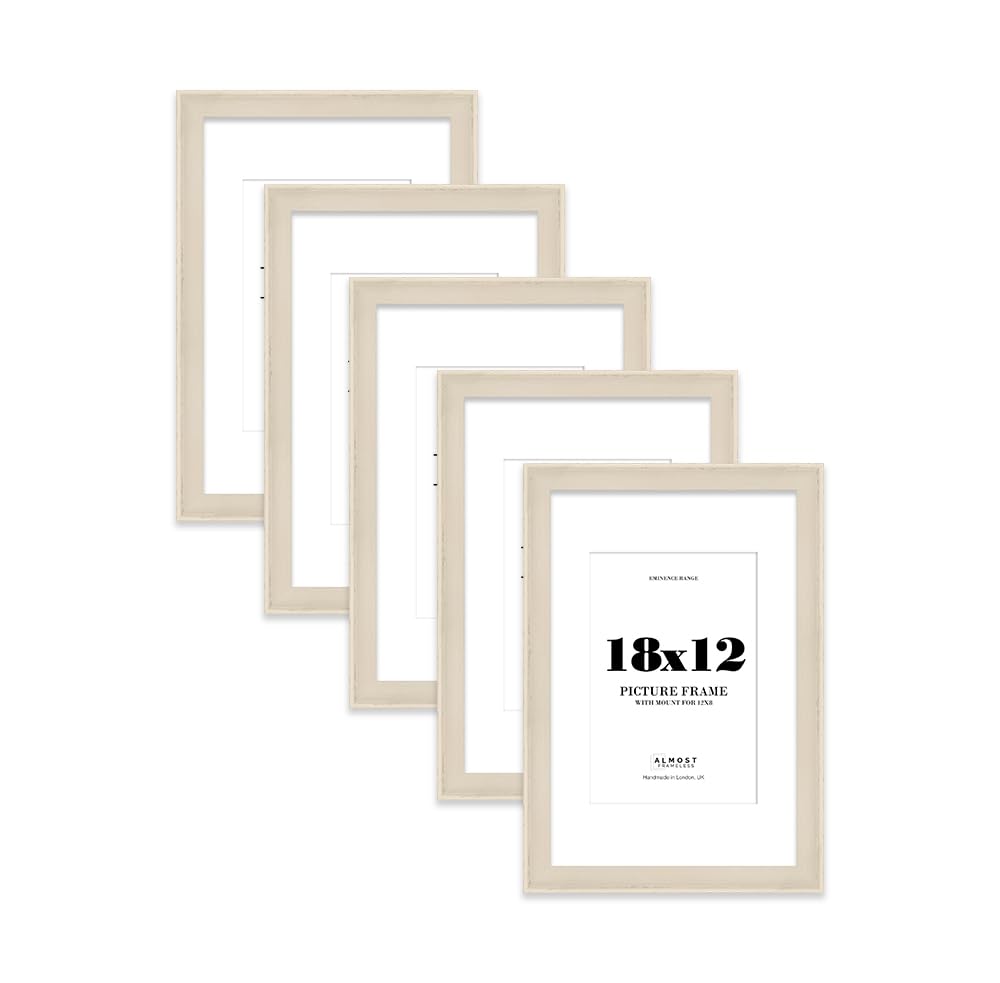 18x12" Cream Picture Frame with 12x8" Mount - Shabby Chic Photo Frame with Distressed Finish, Wall Hooks, 32mm Edge - 5 Pack