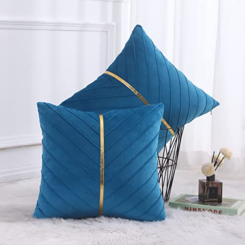 Image of Velvet Throw Pillow Covers 18x18 Pack of 2 Gold Decor Lake Blue