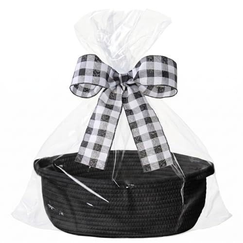 Image of Small Woven Gift Basket Empty with Bag & Ribbon, Storage Basket for Father's Day for Dad, Baby Shower, Raffle, Birthday, Cute Organizer with Handles, 12 inchx8 inchx5 inch, Black /Black Check