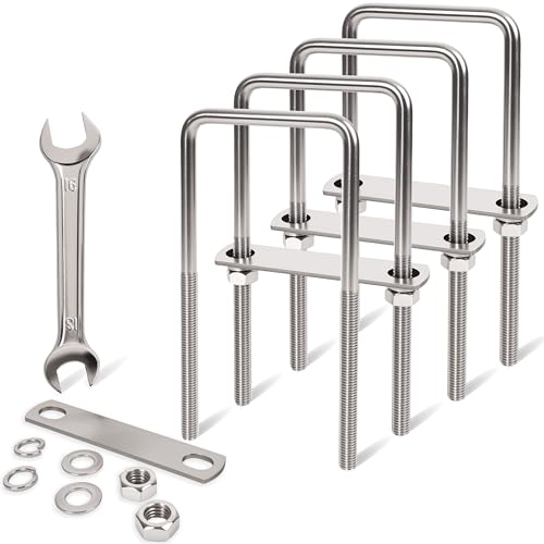 Image of 4 Pcs M10 Square U Bolts 3 Inch Wide, 3 /8 inch x 3 inchW x 7 inch L | 304 Stainless U Bolt Heavy Duty with Nuts,Bolt Plate and Washers,Square U Bolts 3 inch Wide,Metric bolts
