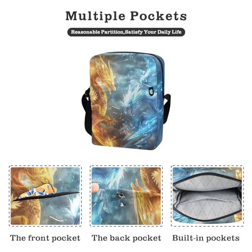 Crossbody Bag Fire Dragon Ice Blue Phoenix Messenger Bag for Women Men Purse Shoulder Bag Satchel Bag with Adjustable Strap 214B61612