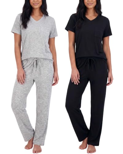 Image of Real Essentials 2 Pack: Women's Comfy Pajama Sets - Short Sleeve Ladies Loungewear Sleepwear PJs (Available In Plus)