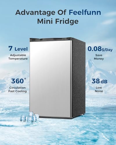 Image of Feelfunn Mini Fridge with Freezer - 3.2 Cu.Ft Single Door Mini Refrigerator with Adjustable Thermostat, Energy Saving, Low Noise, Small Fridge for Bedroom, Office, Dorm, Apartment, Classroom - Silver