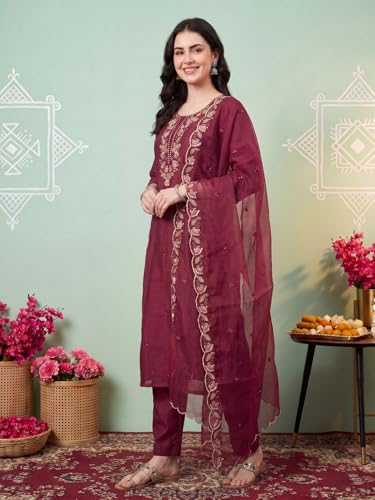 Image of INDO ERA Women's Silk Blend Embroidered Thread Work Kurta & Pant with Dupatta Set | Suit Set For Women