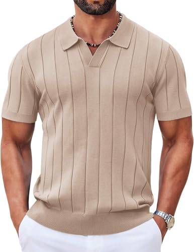 Image of COOFANDY Mens Polo Shirts Short Sleeve V Neck Knit Shirts for Men Casual Old Money Clothes Mens Golf Shirt