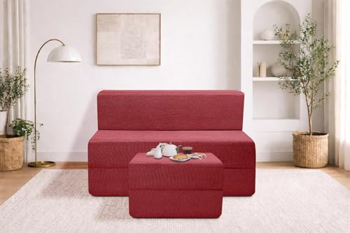 Image of Rosebell Foldable Sofa-Cum-Bed with Ottoman | 3-in-One Foldable Sofa, Lounger & Bed-3x6 Feet One Seater- Perfect for Home & Office -Red-Color