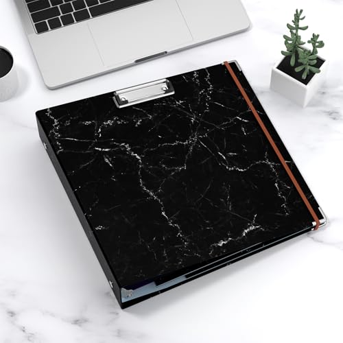 Image of 3 Ring Binder, 3 Inches Round Ring Binder with Clipboard, Dividers Tabs, PVC Zipper Bag Sleeves & to Do List Planners for Women, Men, School, Office Supplies, Black Marble