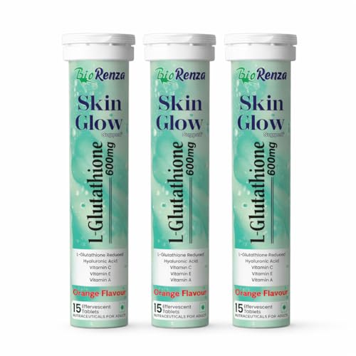 Image of L-Glutathione 600mg Effervescent Tablets for Skin Glow | With Hyaluronic Acid, Vitamin C, E & A | Skin Brightening & Anti-Oxidant Support | Orange Flavour | 15 Tablets (Pack of 3)