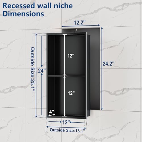 Neodrain No Tile Shower Niche, Stainless Steel Wall Niche 13.1"X25.1"(Inner Size 12"X24"), Two-Tier Bathroom Shelf, NO Tile Needed Recessed Cabinet for Bathroom Storage, Matte Black - Image 3