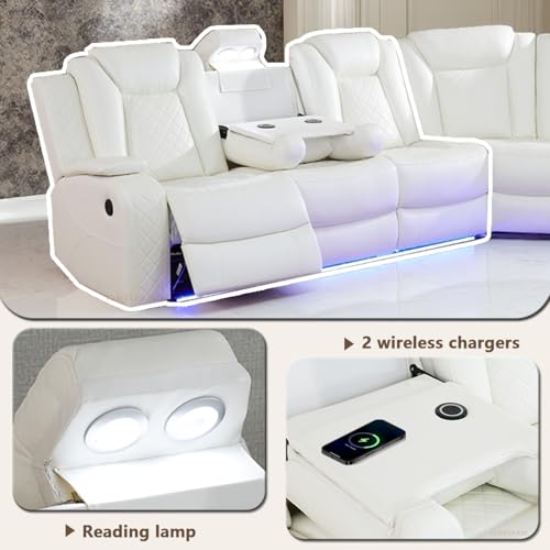 Image of Leather Power Recliner Sectional Sofa Set with LED Light,L Shaped Leather Sectional Couch Set with 5 Recliner Seats,Modular Couches with USB Ports for Living Room Furniture,Creamy White