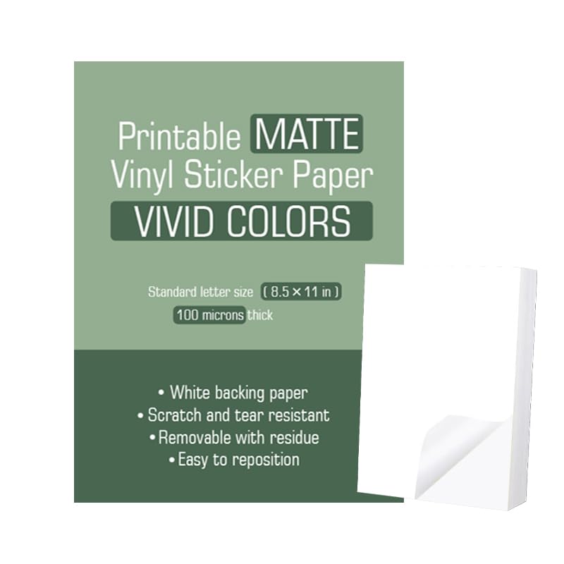 ProLine Papel adhesivo de vinilo imprimible para impresora de inyección de tinta, blanco mate, hojas autoadhesivas, papel adhesivo impermeable, tamaño carta estándar de 8.5 x 11 pulgadas (200)