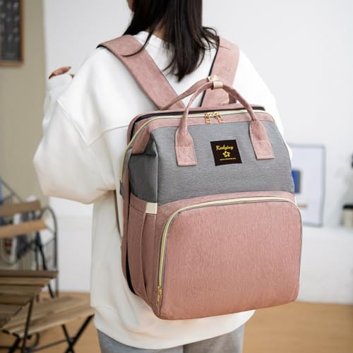Kodyiuy Baby Diaper Bag Backpack Changing Station for Large Capacity Travel Foldable Bag Female New Mom Gift Pink-gray