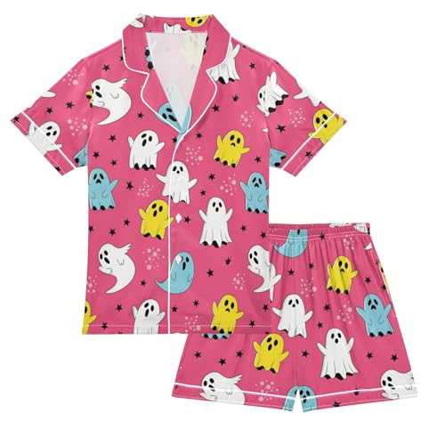 Satin Pajama Sets Short Sleeve Cute Stars Colorful Ghosts Button Down Silky Nightwear 2 Piece PJS 5-14Y