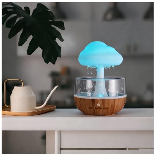 Weljoy Mushroom Cloud Rain Lamp 7 Color Changing LED Tabletop Fountain with Water Drip Sounds USB Rechargeable Desk Decor for Home Office (Wood Grain Base)