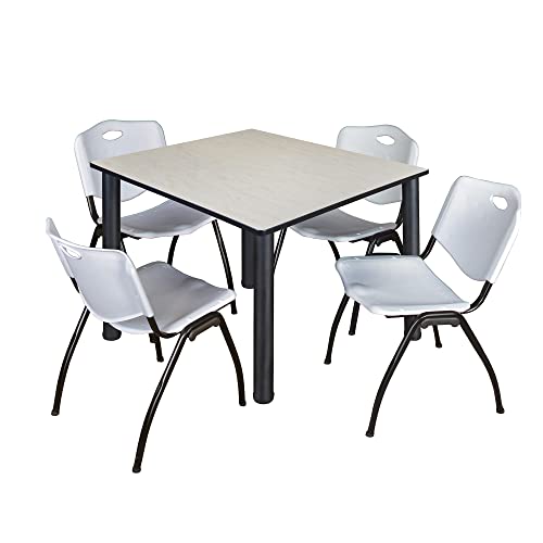 Romig Trek 48 in Square Breakroom Table- Maple Top, Black Legs, 4 M Stack Chairs- Grey